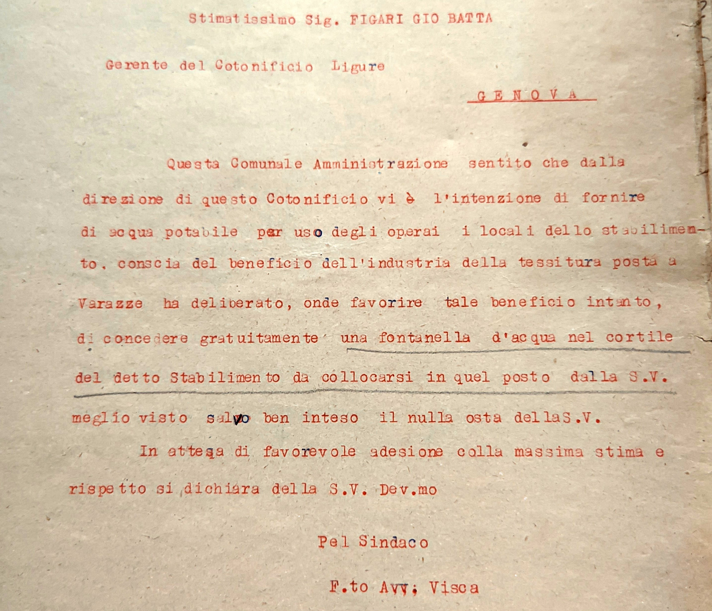 Lettera del 28 luglio 1905, con cui il Sindaco di Varazze comunica la concessione da parte del Comune di una fontanella d'acqua potabile da installarsi nel Cotonificio Ligure.